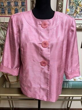 dressbarn Pink Shimmer Cropped Tailored Jacket Silk Look Elegant Blazer Size L